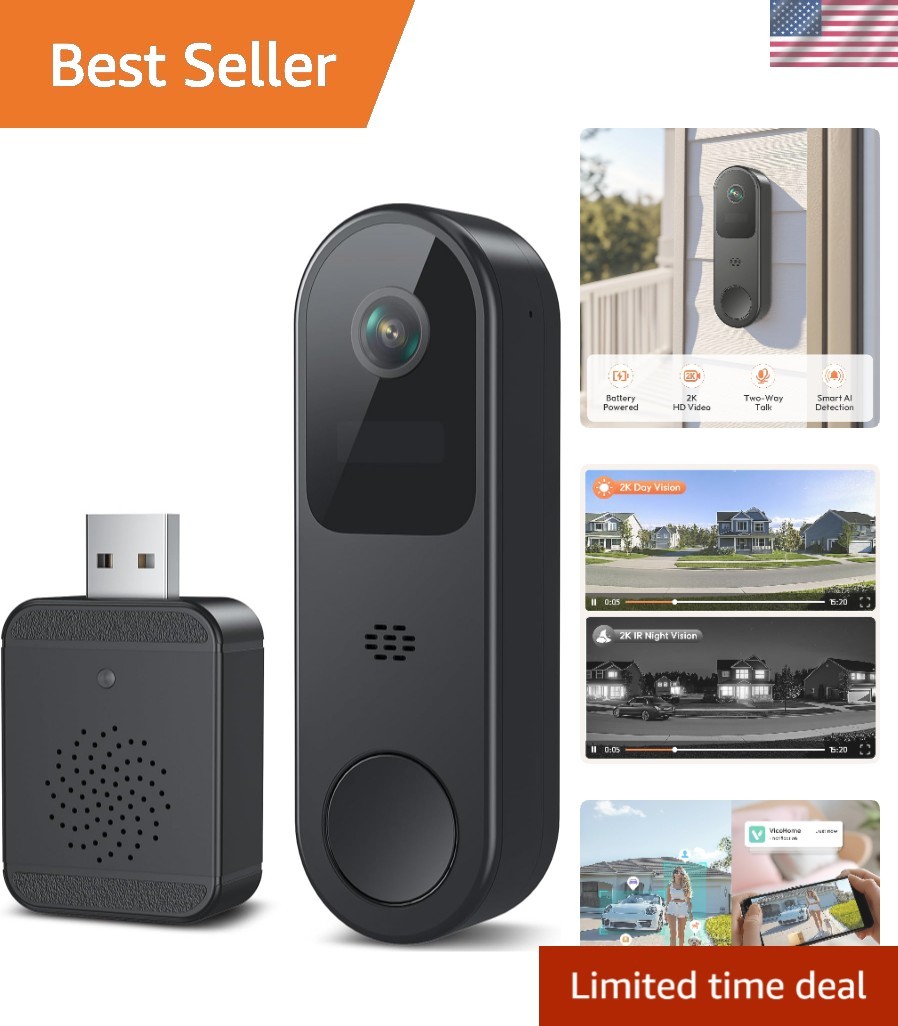 Wireless 2K HD Video Doorbell with Motion Alerts & Night Vision Capabilities