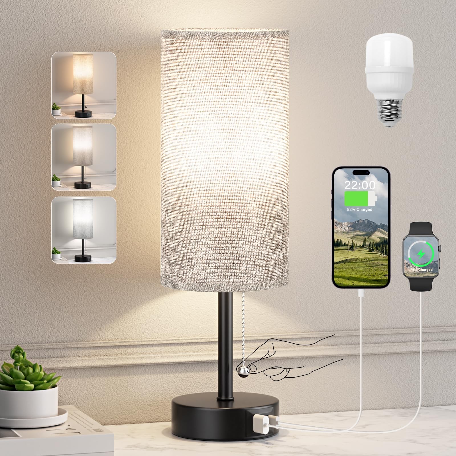 Lamparas De Mesa De Noche Luces Retro Gris Con Puerto USB Sala Dormitorio Coci