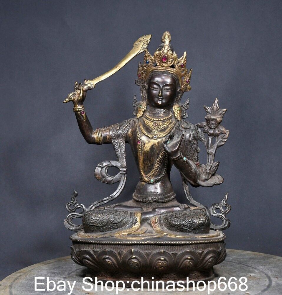 12.8" Old Tibetan Copper Gems Buddhism Wenshu Manjushri Bodhisattva Sculpture