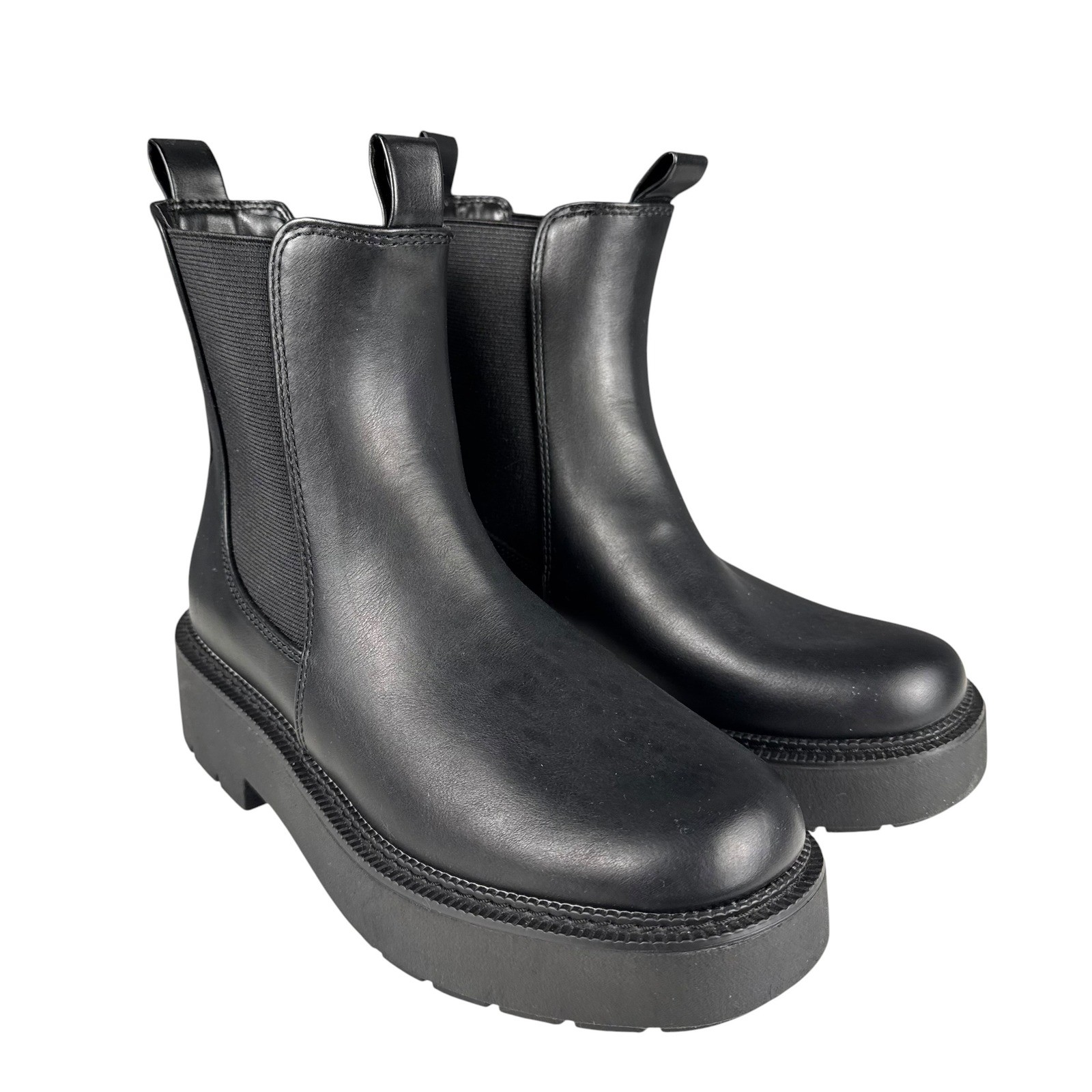 Womans Black Faux Leather Platform Chelsea Boots Chunky Lug Sole Ankle Boots 6.5
