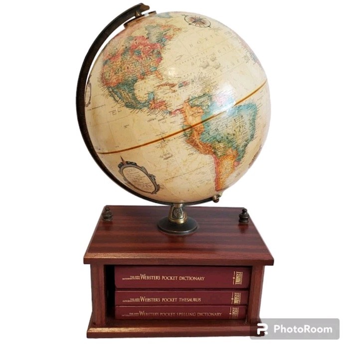 Replogle Sepia Globe 9" World Classic w Wood Bookshelf Dictionary Thesaurus 1998