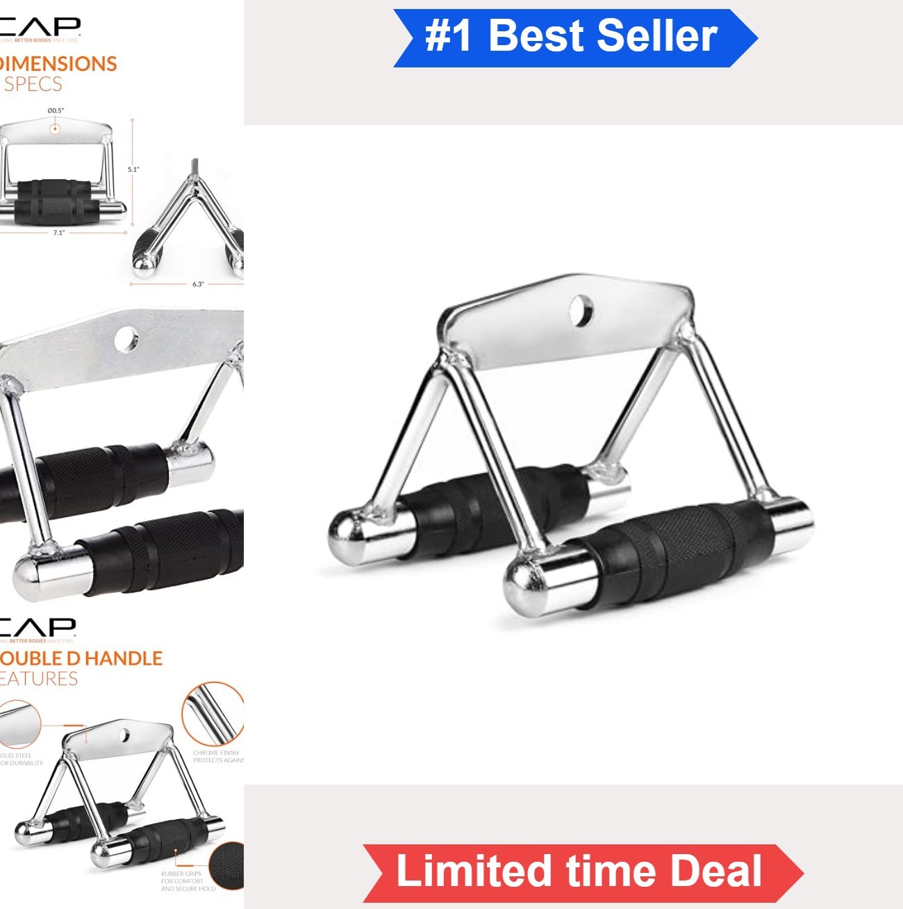 Double D Handle Cable Machine Attachment Steel Rubber Grips Chrome Finish Home