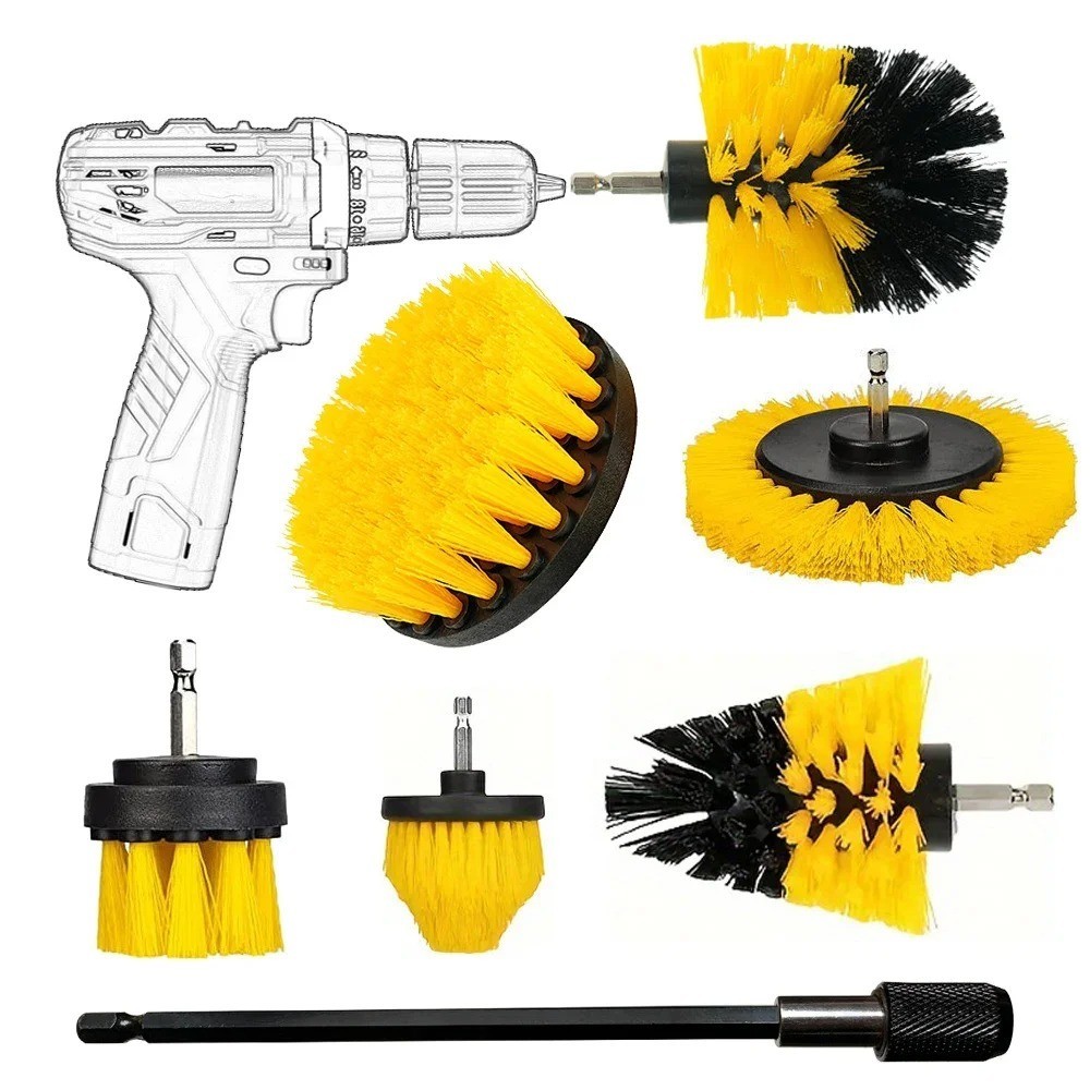 7Pcs Drill Brush Attachment Set Power Scrubber Cleaning Kit Carpet Glass Tile