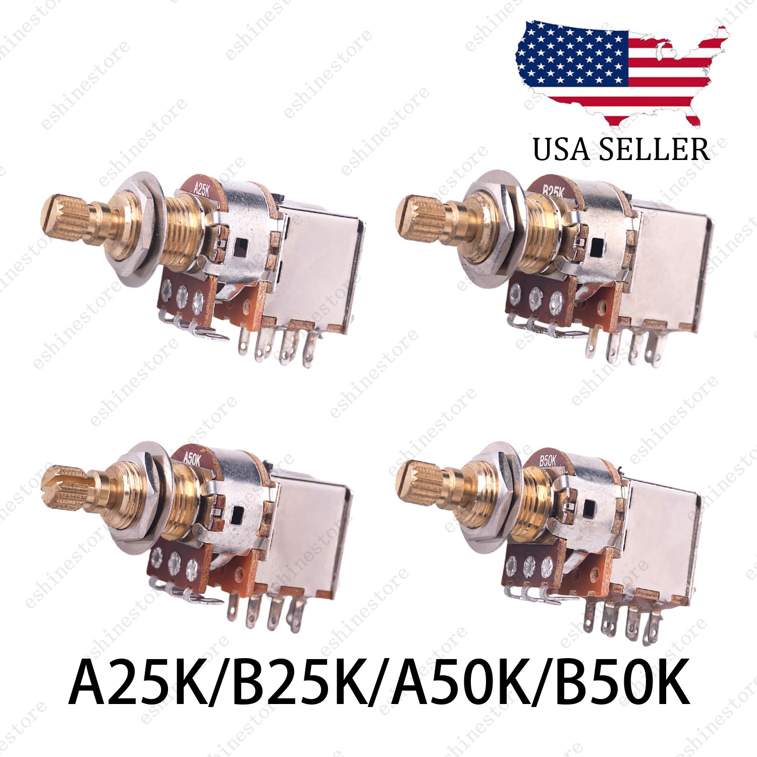 4x 18-Split Brass Long Shaft Pot Push-Push Switch A/B25/50K/ For Active Pickup