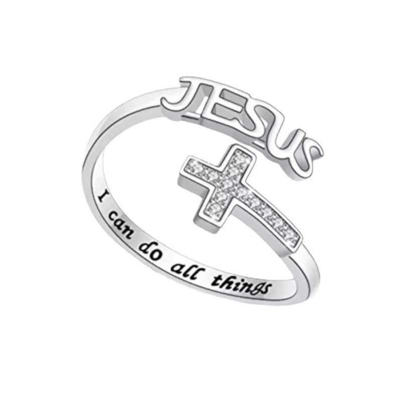 Silver Jesus Cross Cross Cubic Zircon Adjustable Ring Glory to Him Ephesians3:21