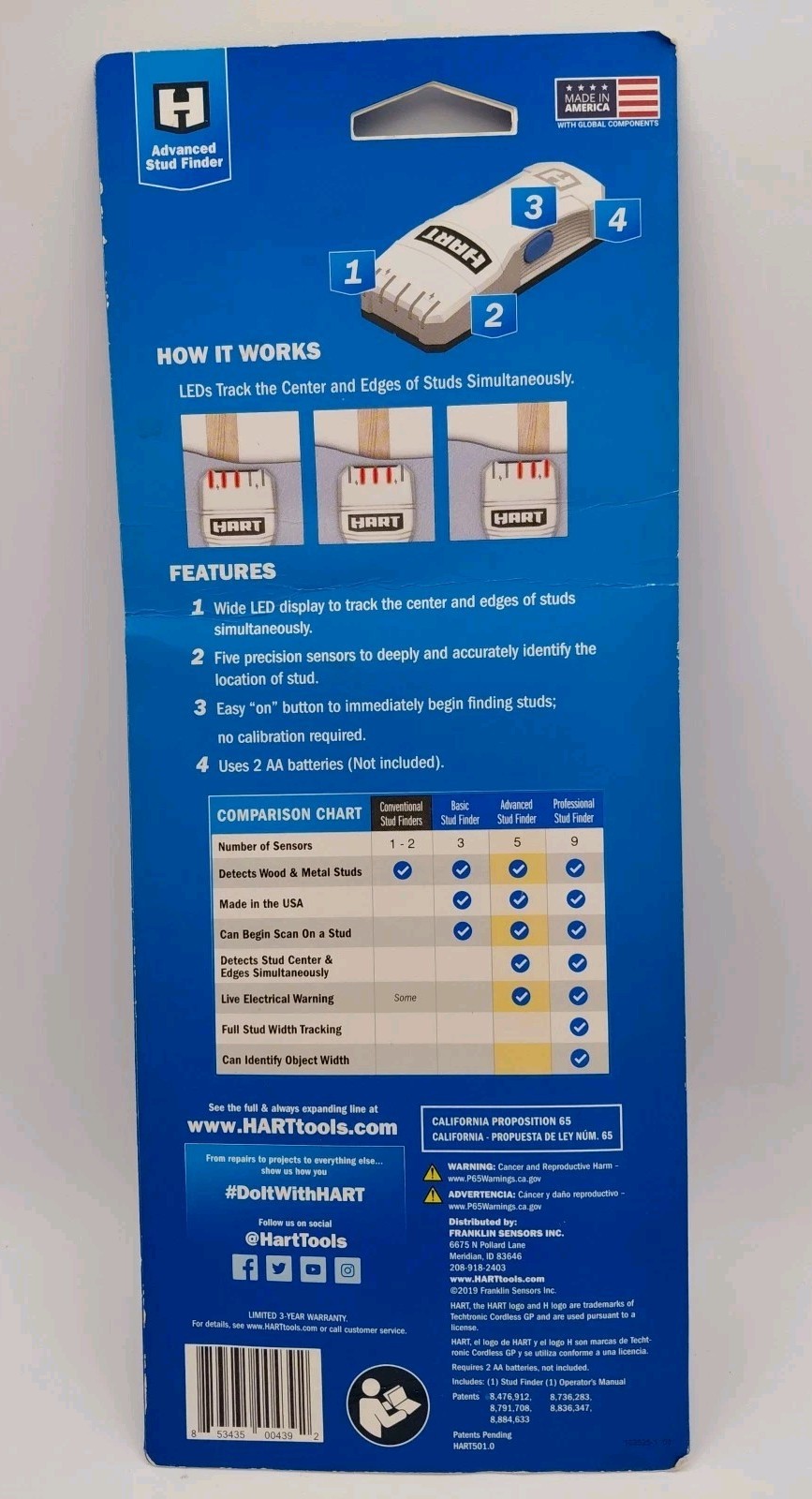 HART ~ Basic Stud Finder with 3 Sensors for Accuracy .