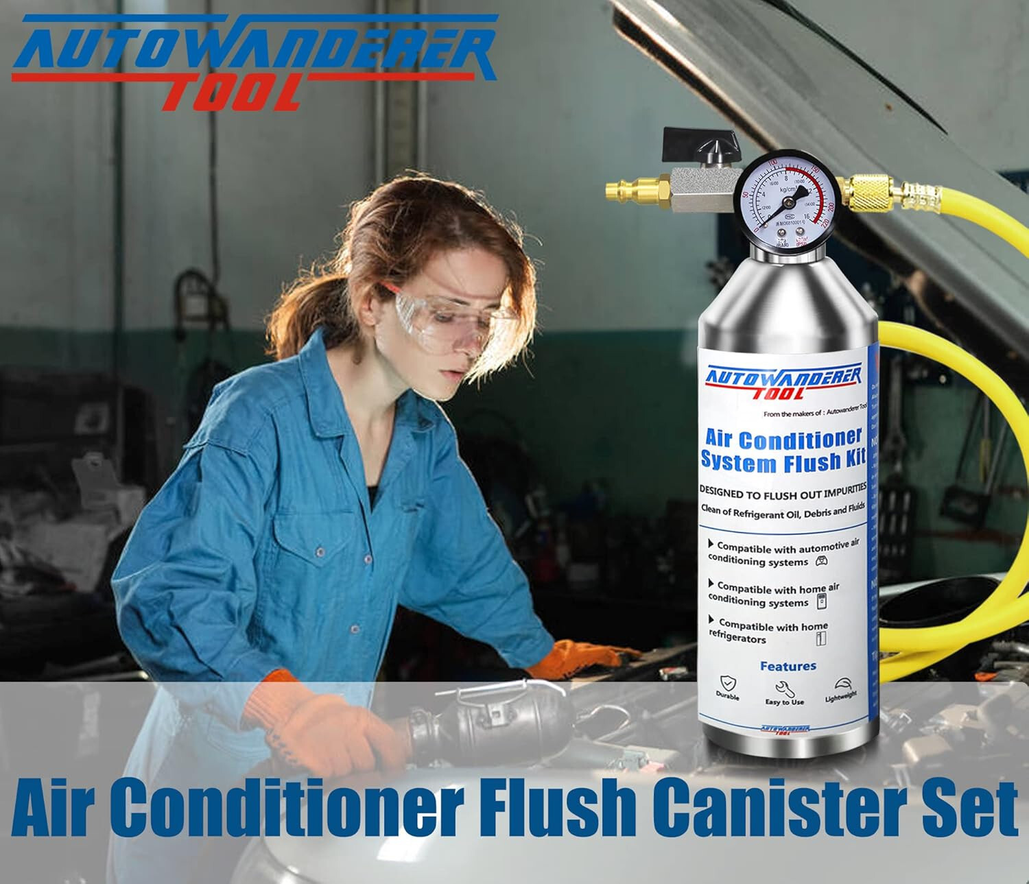 AC Flush Kit Air Conditioner System Flush Canister Gun Set for Clean A/C Line