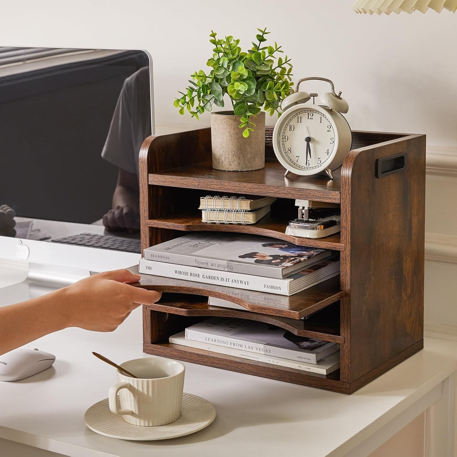 Desktop File Organizer with Handle, Document Letter Mail Tray Sorter with 3 A...