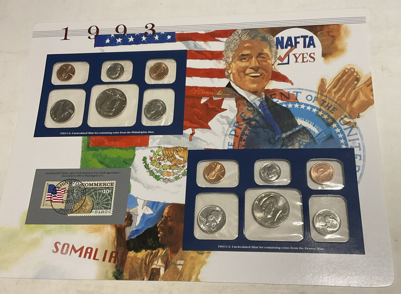1993 P/D Uncirculated Mint Set Postal Commemorative Society Coin & Stamps