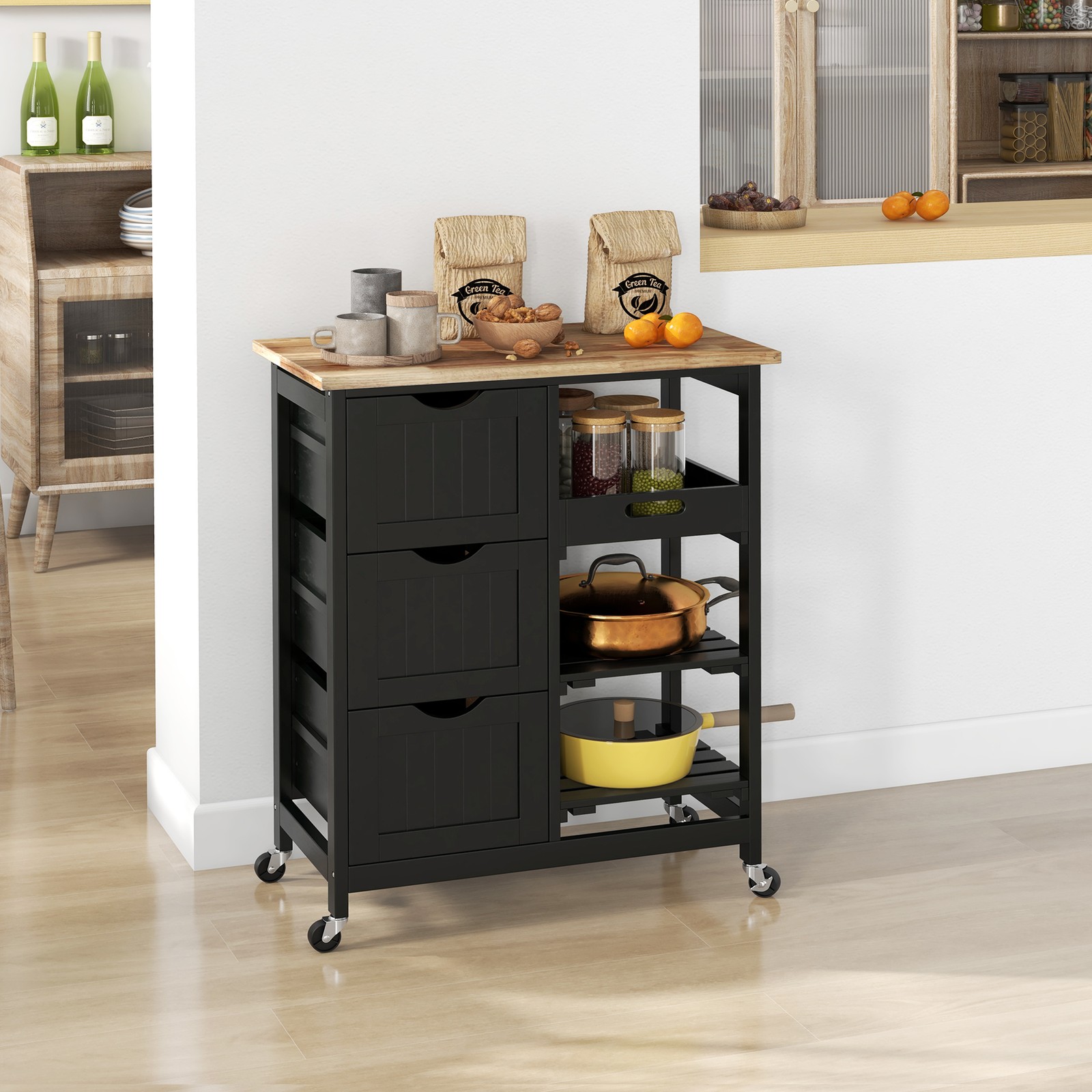 Rolling Kitchen Cart with 3 Drawers, 3 Shelves & Serving Tray, Black