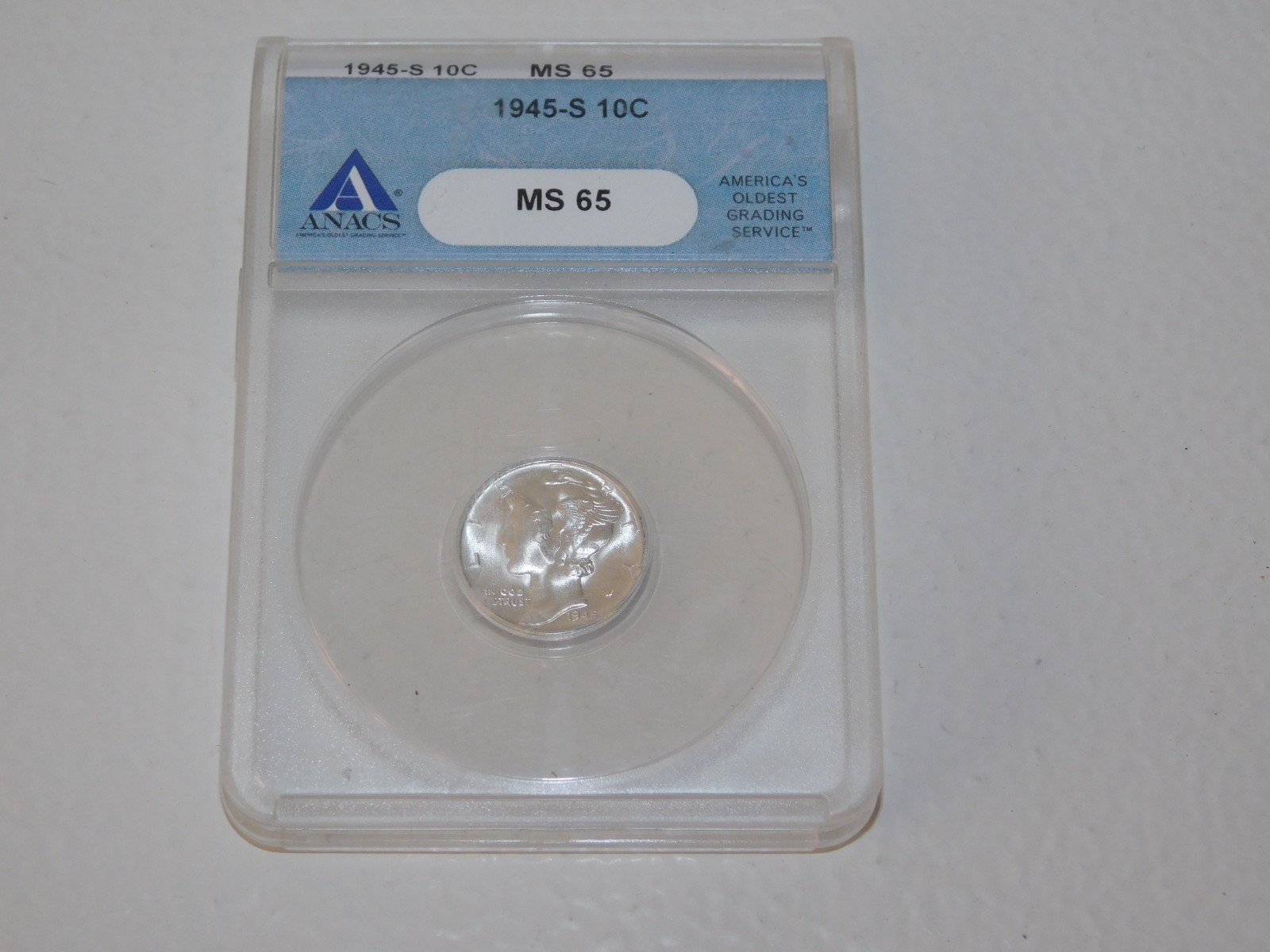 1945-S Silver Mercury Dime MS65 ANACS Blue Holder White