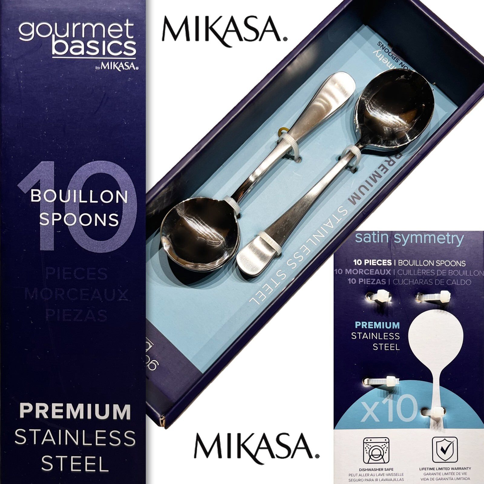 10 New Mikasa Gourmet Basics Bouillon Soup Spoons Premium Stainless Steel Satin