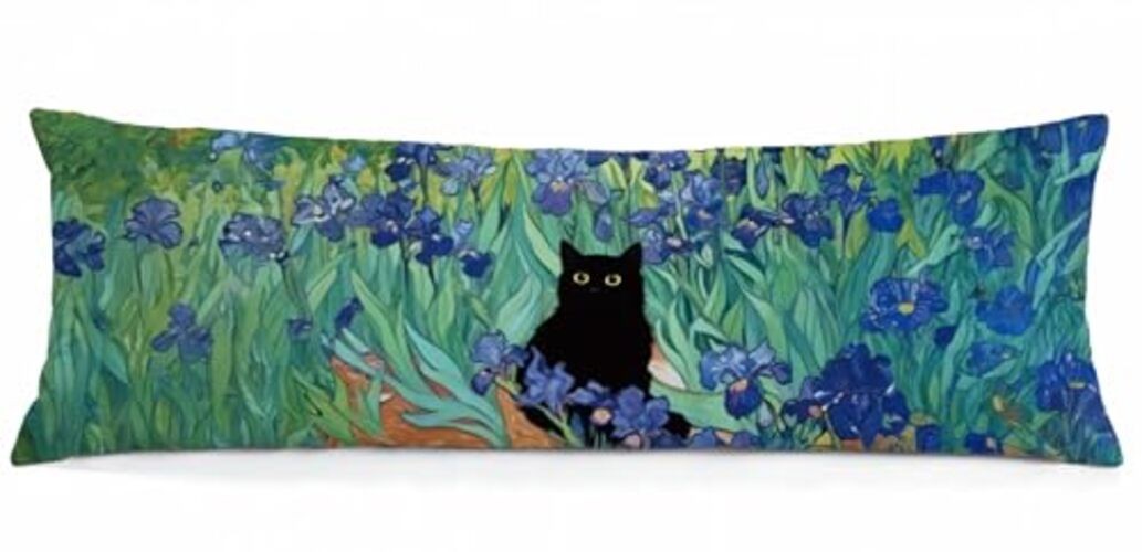 William Morris Floral Black Cat 20x54 Body Pillow Cover, Cat Lovers Black Cat C
