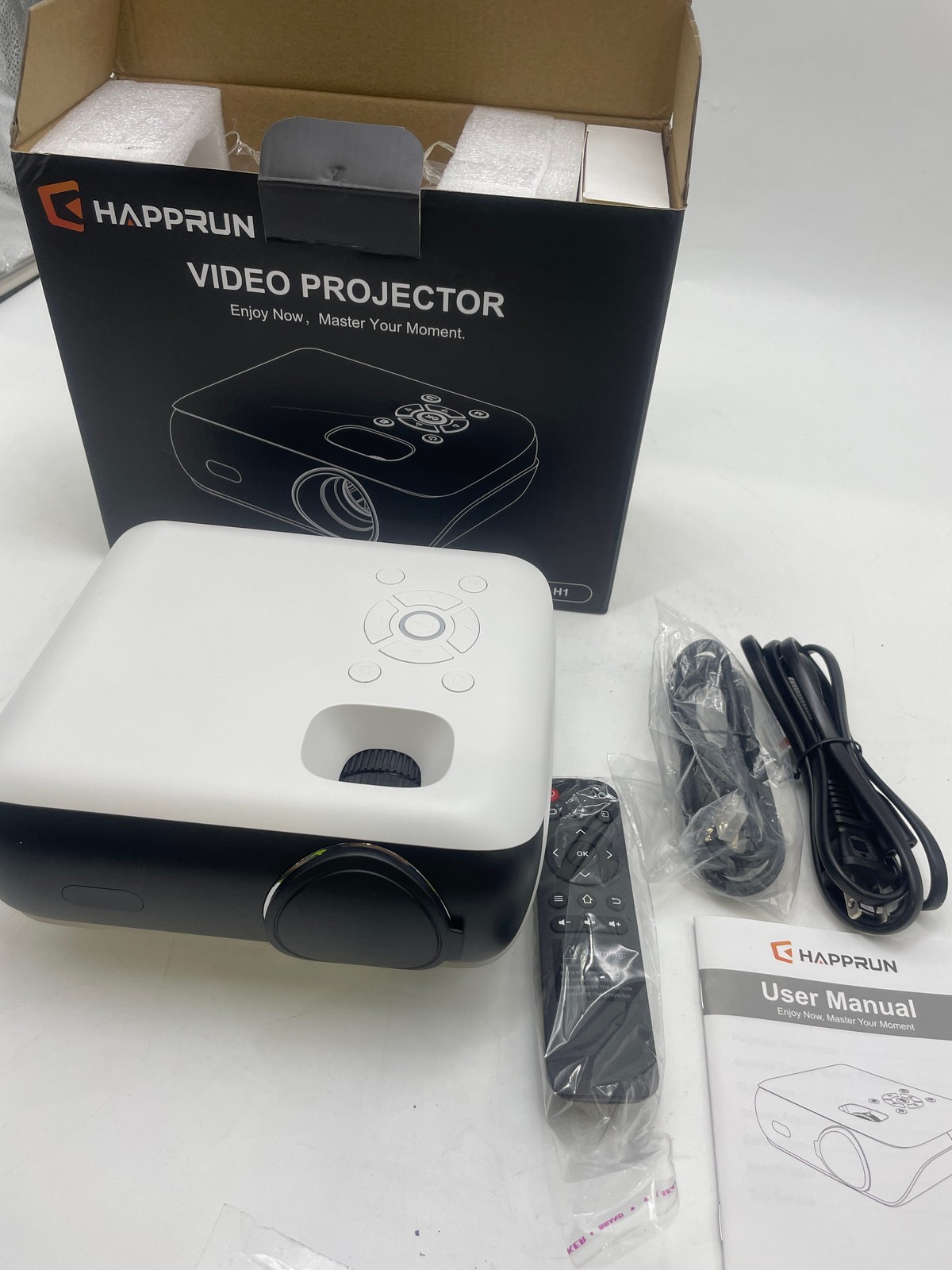 WHITE - HAPPRUN NATIVE 1080P BLUETOOTH FULL HD PORTABLE OUTDOOR MOVIE PROJECTOR