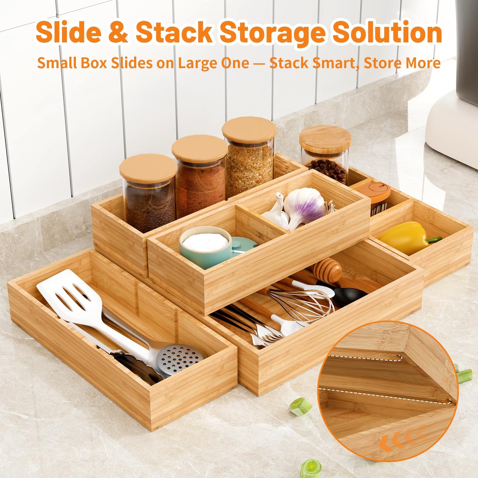 Bamboo Drawer Organizer, 5-Piece Stackable Trays with Removable Dividers
