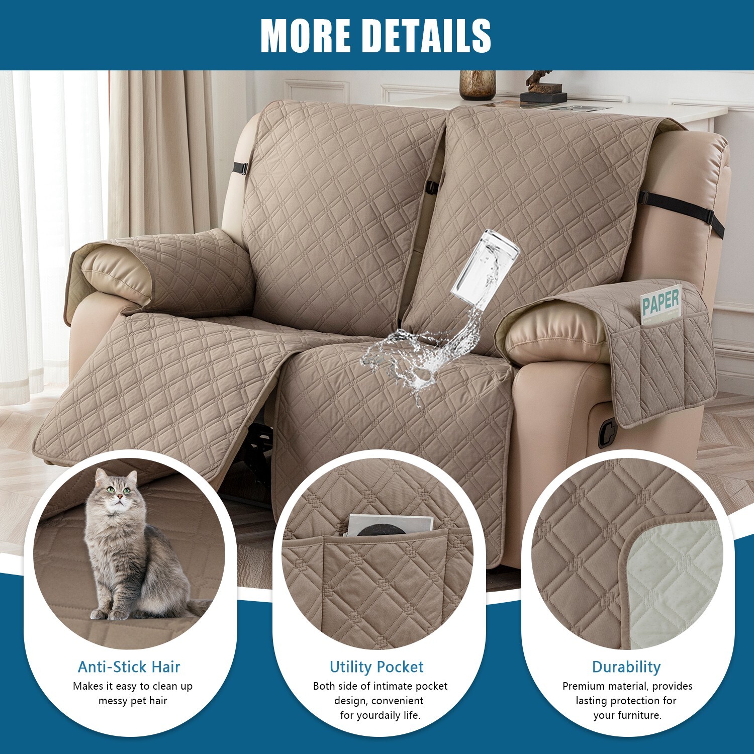Non-slip waterproof sofa recliner set 2 seats, home decoration protection