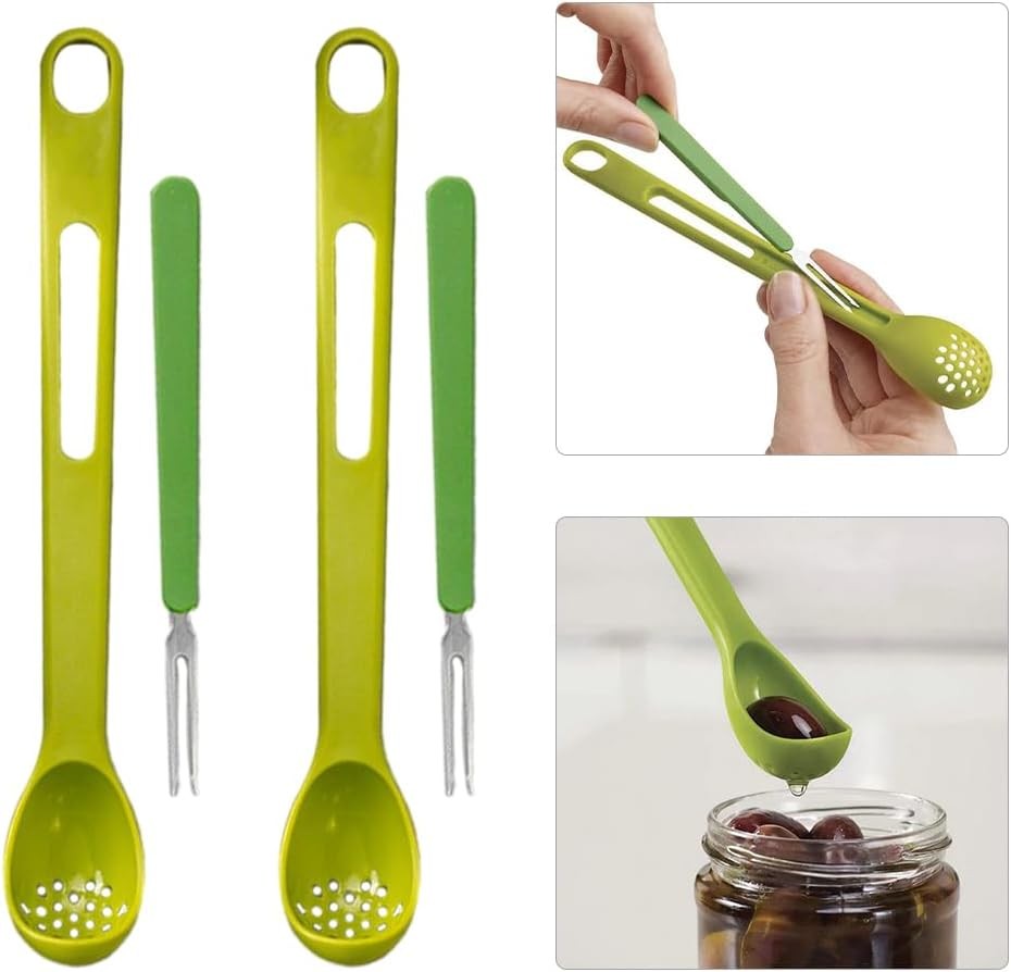 2 In 1 Olive Spoon and Pickle Fork Set Long Handle Jar Grabber Kitchen Tool
