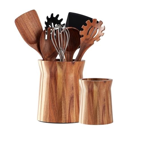 2 Pcs Wooden Utensil Holder 360° Rotating Kitchen Utensil Holder 7.3" and