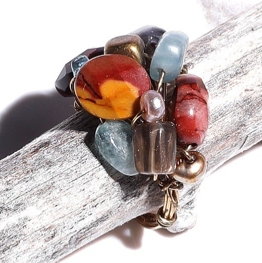 HANDMADE Gold toned wire-wrapped cluster ring of multicolored gemstone. Size 5.5