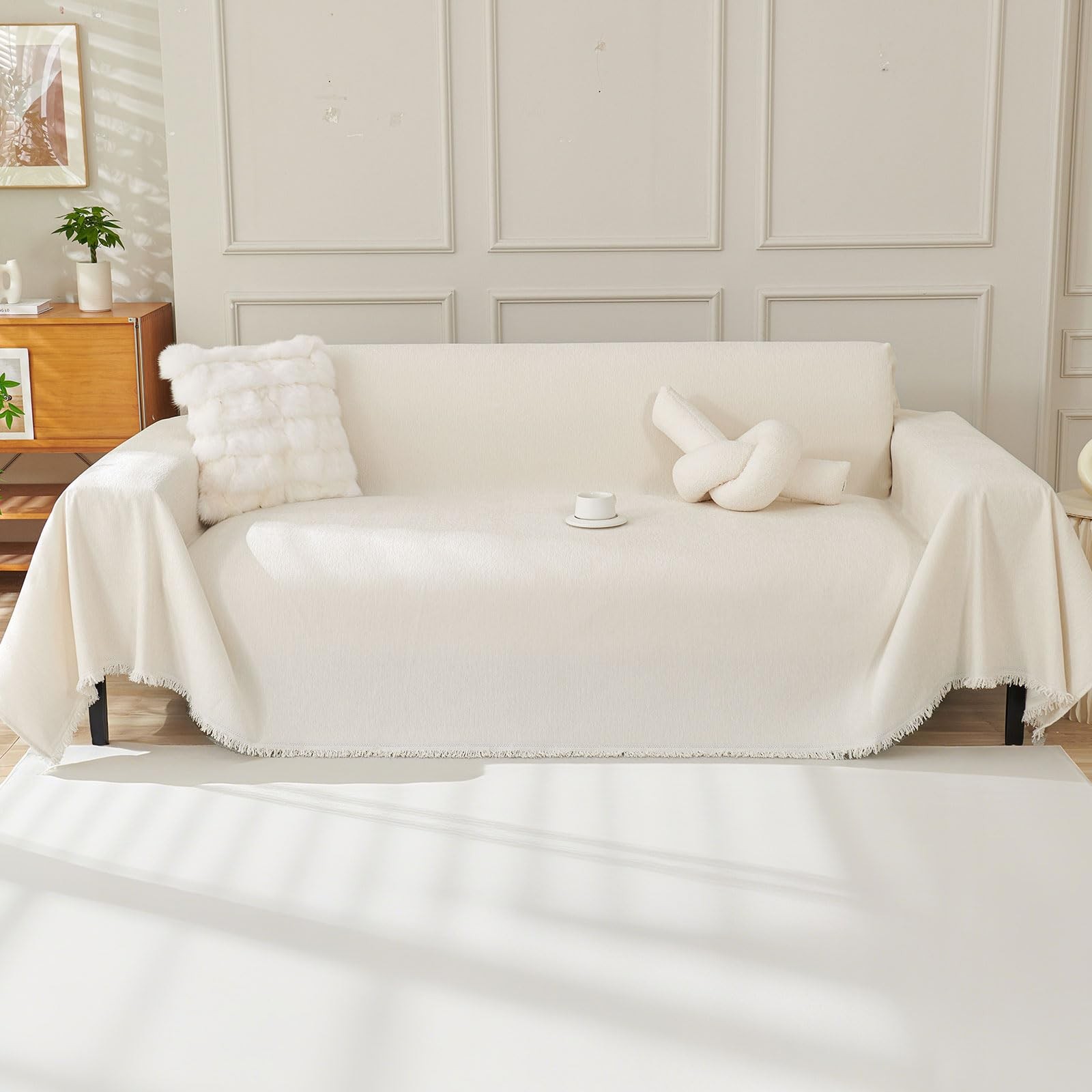 OstepDecor Chenille Couch Cover, Beige Sofa Covers 71" x 118",