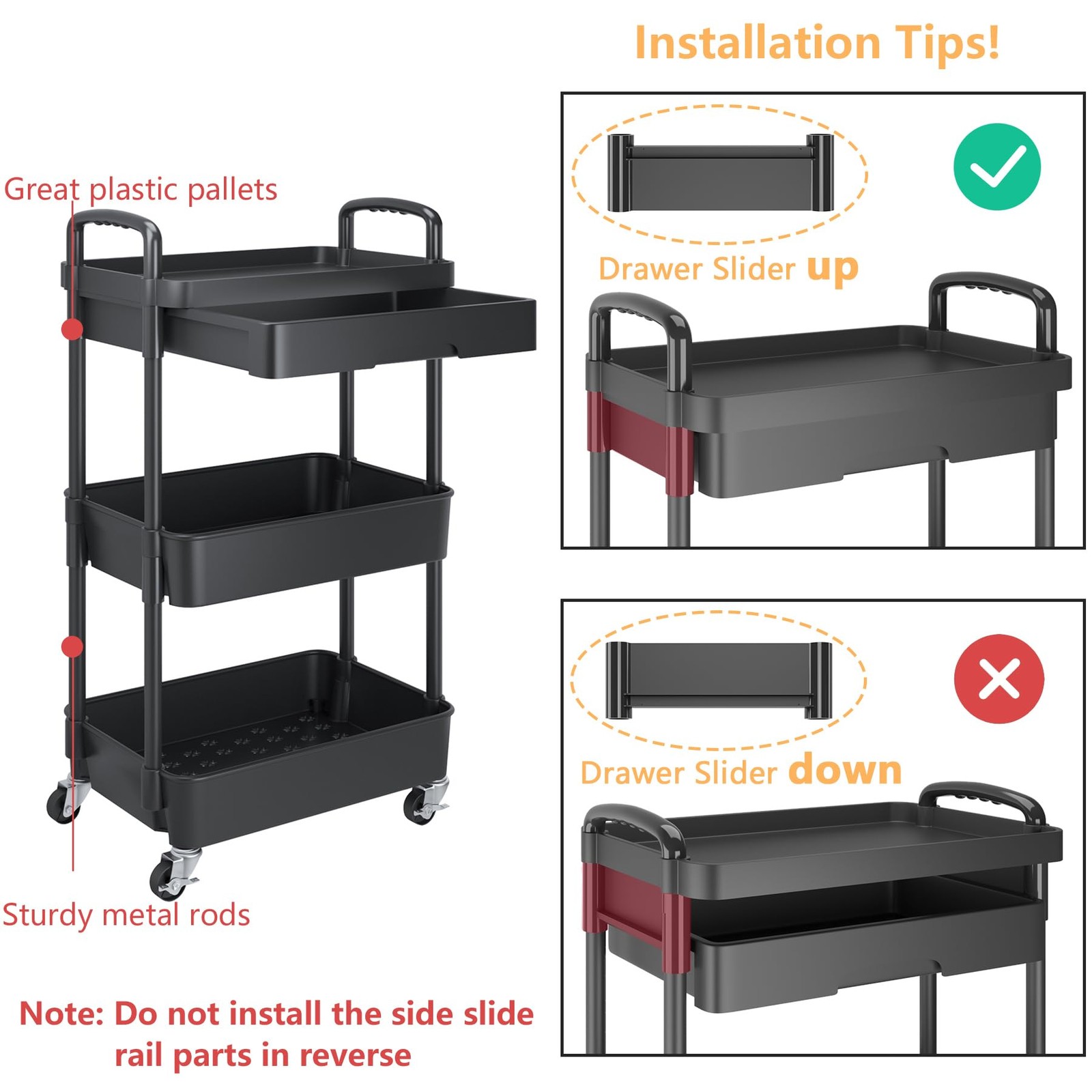 3-Tier Rolling Utility Cart with Drawer,Multifunctional Storage Organizer wit...