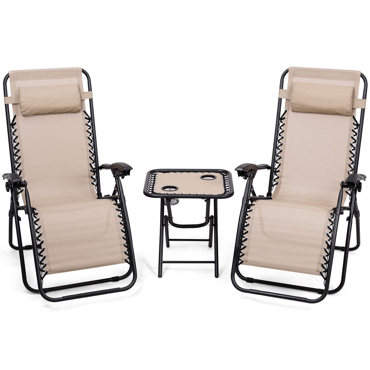3PC Zero Gravity Reclining Lounge Chairs Pillows Table Portable Folding Beige