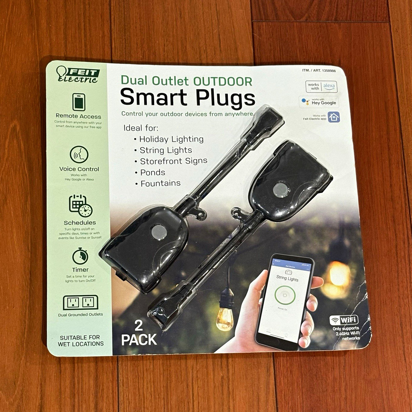 Feit Electric Outdoor Wi‑Fi Smart Plug 2-Pack Dual Outlet, Alexa/Google, Black