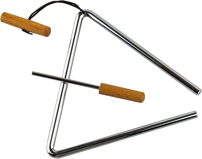 Instrumento musical de percusión manual triangular con percutor, Rhythm Steel.