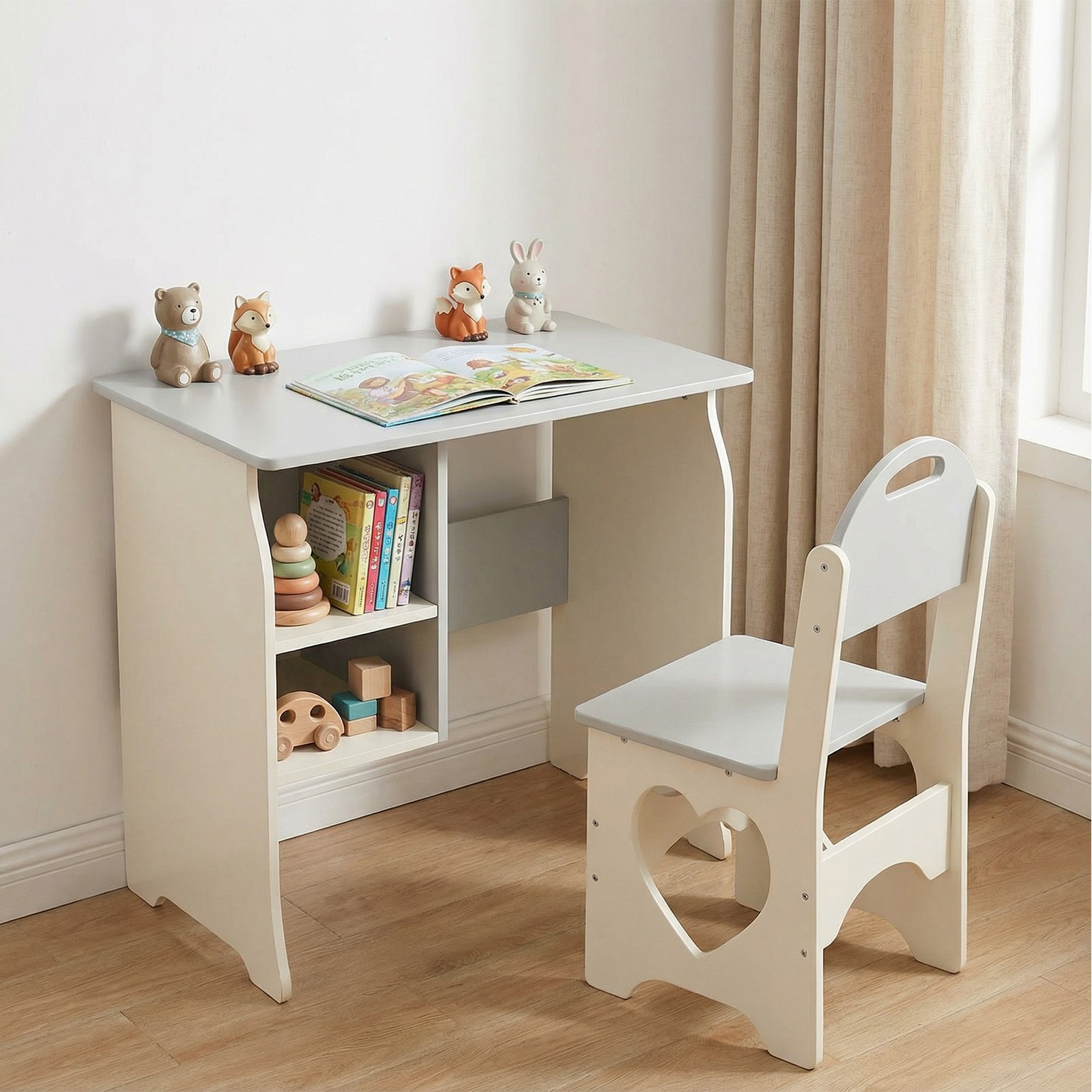 Kids Desk and Chair Set White Gray MDF Cat Heart Design w/ Shelf US
