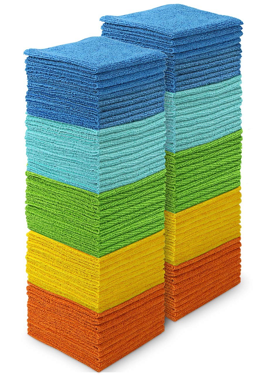 AIDEA Microfiber Cleaning Cloth 100PK, Soft Absorbent 12"×12", Blue/Yellow