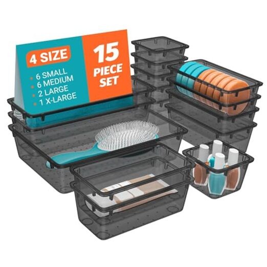 15 PCS Clear Plastic Drawer Organizer Set, 4-Size Acrylic Drawer Storage Black