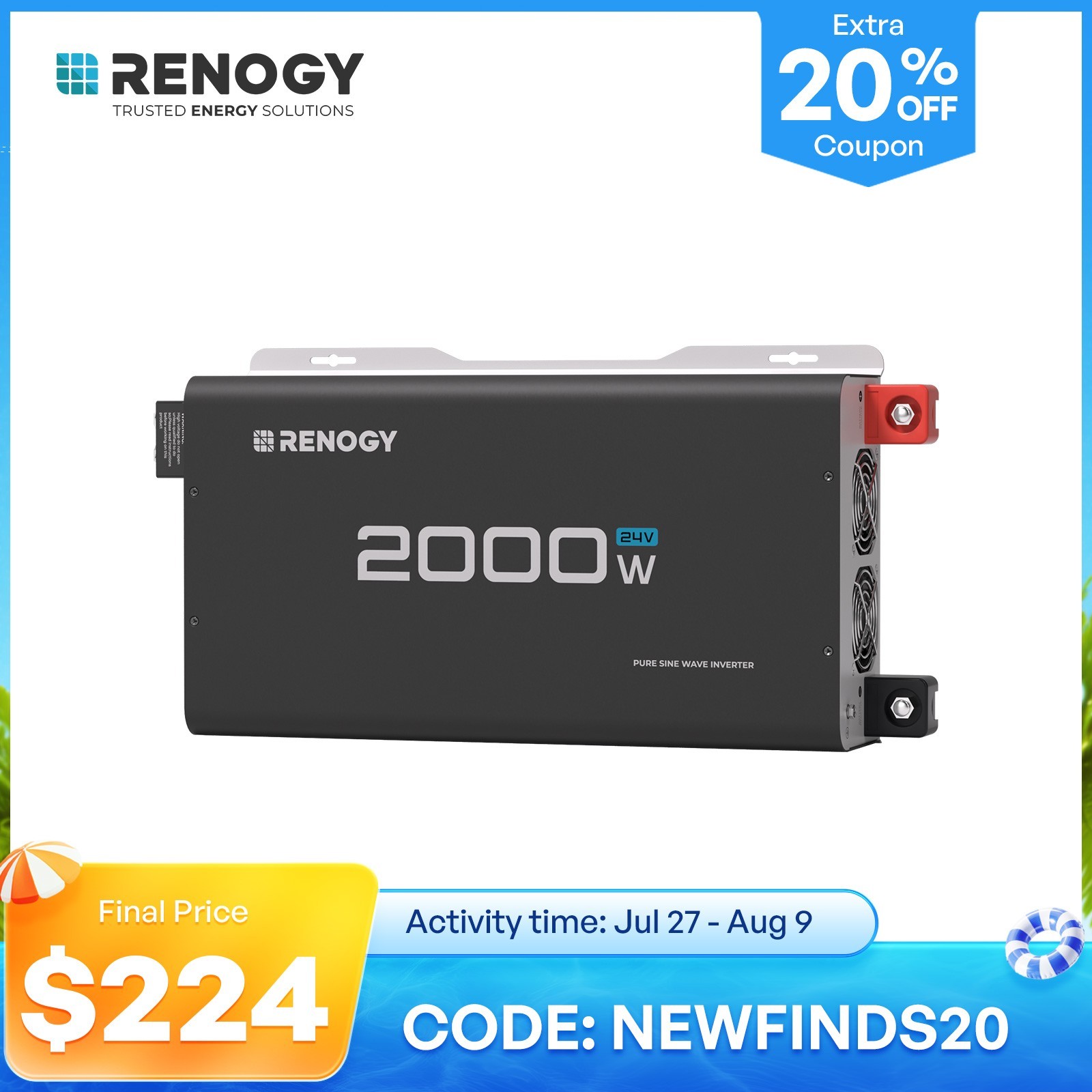 Renogy Pure Sine Wave Inverter 2000W 24V with 2 AC Outputs Remote Control For RV