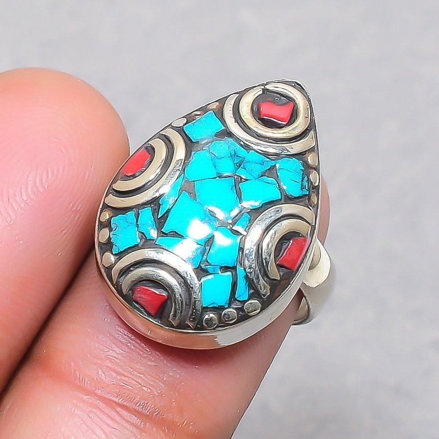 Tibetan Turquoise Coral Handmade Bohemian Jewelry Nepali Adjustable Ring SR 3021
