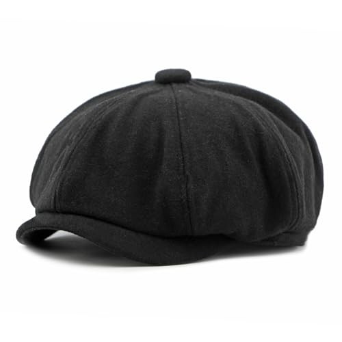 Men's 8 Panel Newsboy Cap Vintage Tweed Flat Cap Irish Newsies One Size Black