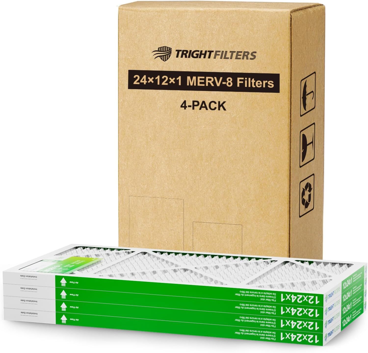 Trightfilters 24x12x1 MERV-8 Air Filter Pleated for Home HVAC AC Furnace - 4pack