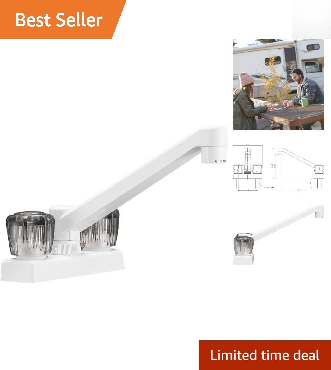 Elegant RV Kitchen Faucet with Smoked Acrylic Knobs - Compact Swivel Design
