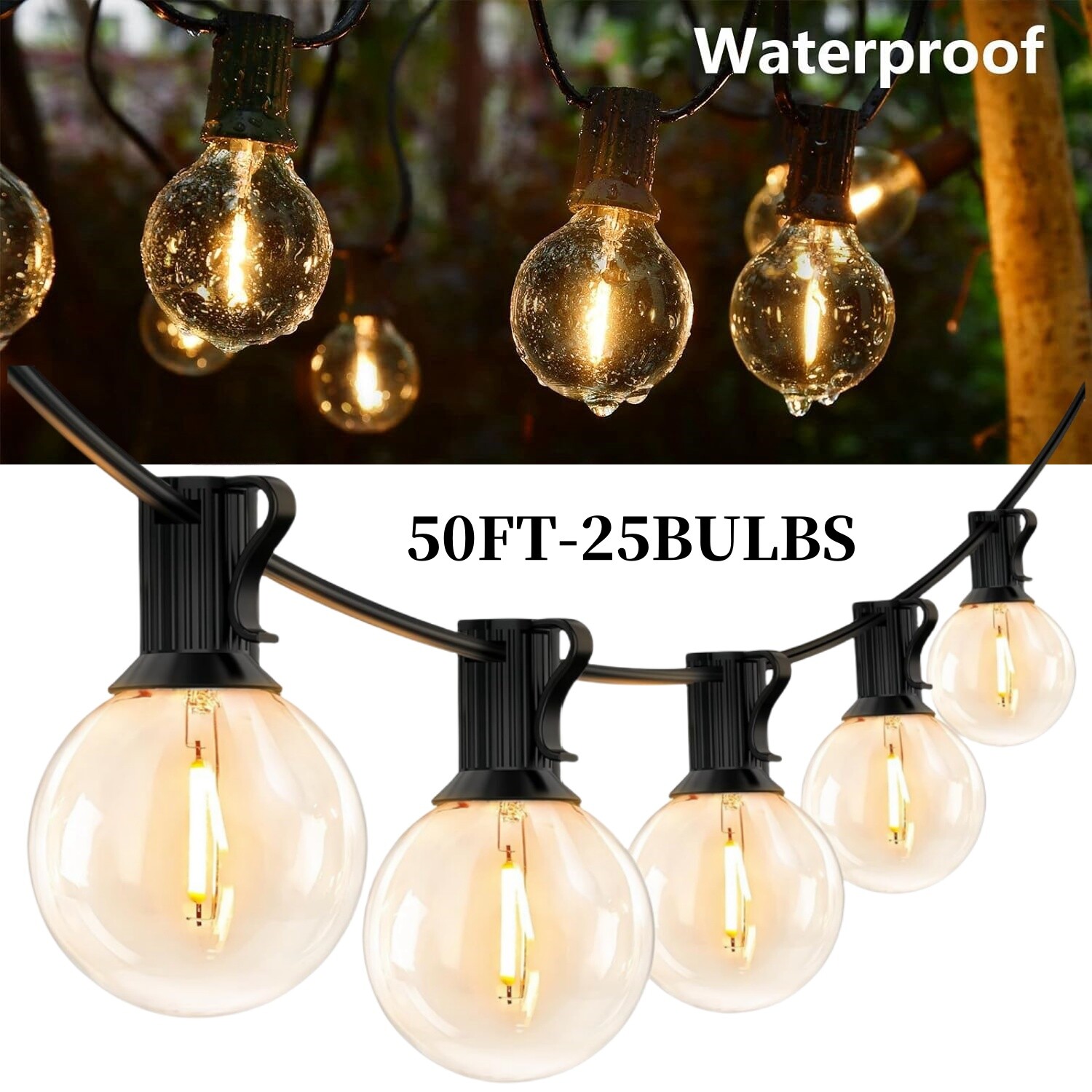 50ft Solar Power String Lights Outdoor Weatherproof with USB Port (25 Sockets)