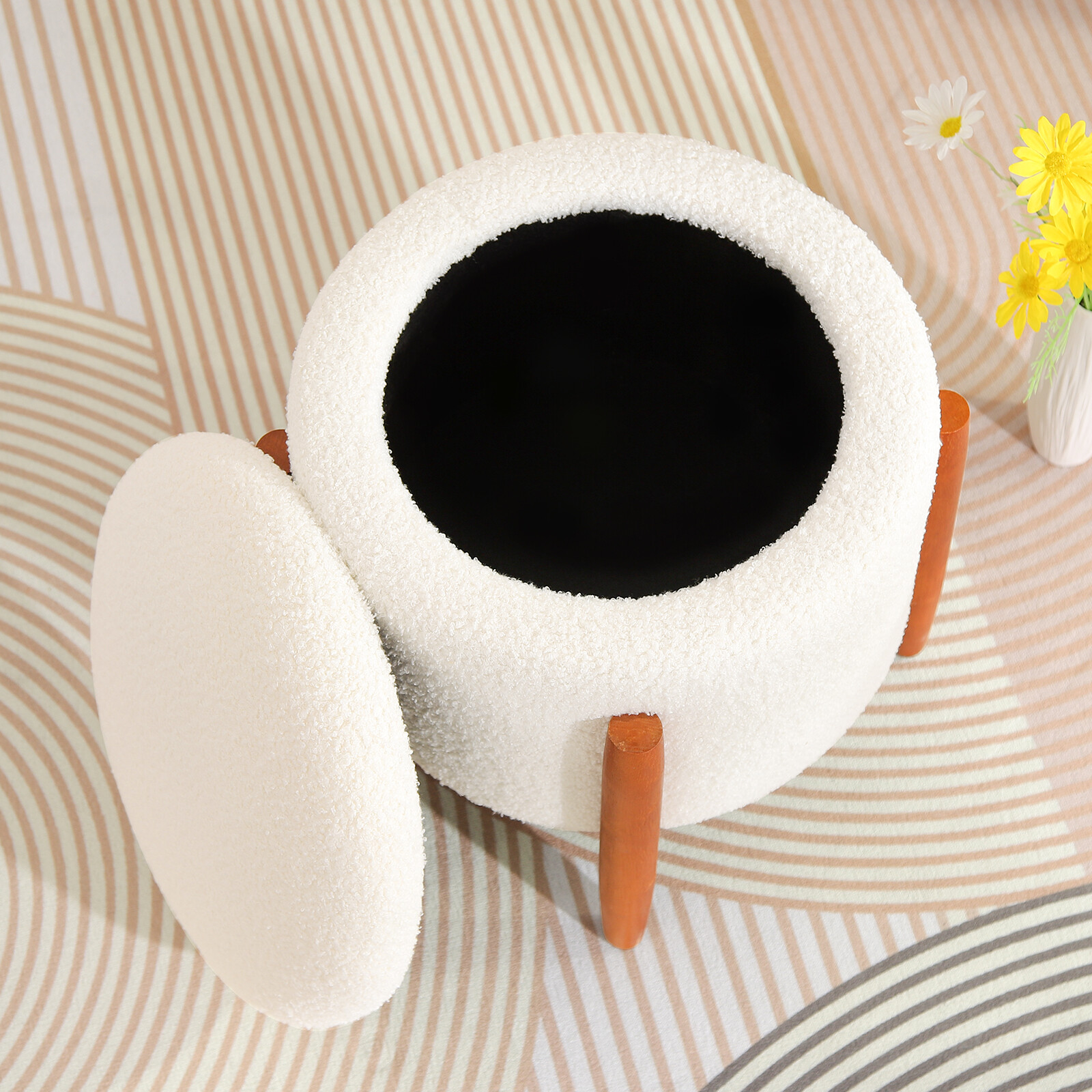Storage Ottoman Round Footrest Storage Teddy Velvet Seat Vanity Stool Soft White