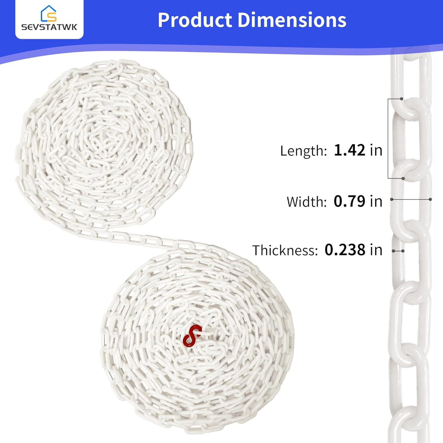 White Plastic Chain 25ft, 1.42" Link, High Visibility Plastic Chain Barrier for