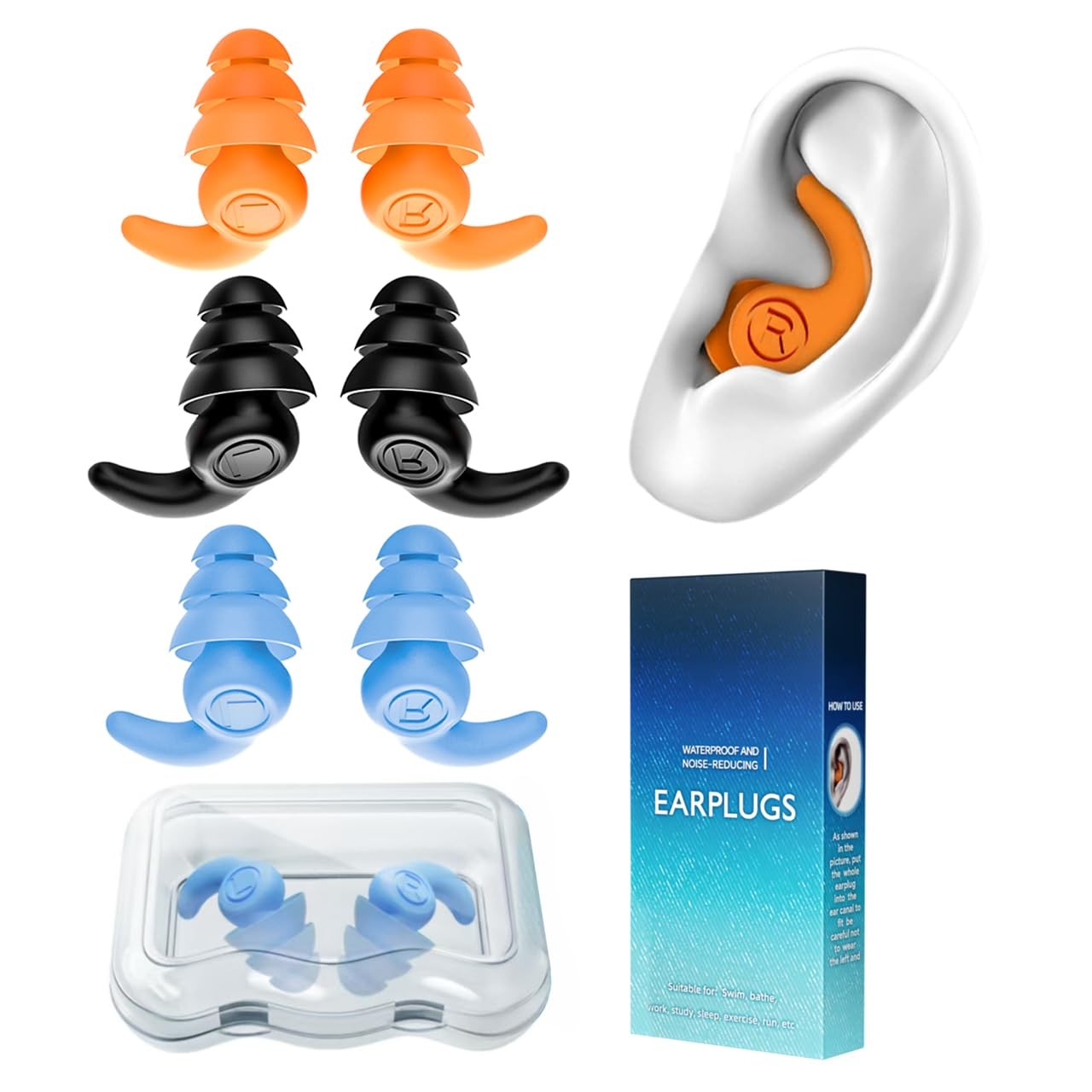 Waterproof Swimming Ear Standard/Adult Size, Black,blue,orange（teens/Adults）