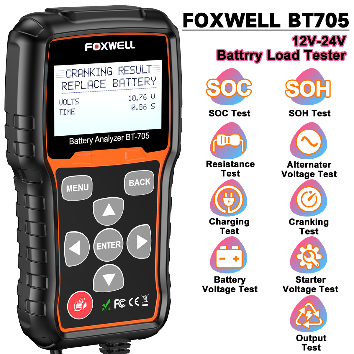 FOXWELL BT705 12V/24V Digital Battery Load Tester Automotive Charging System Ana