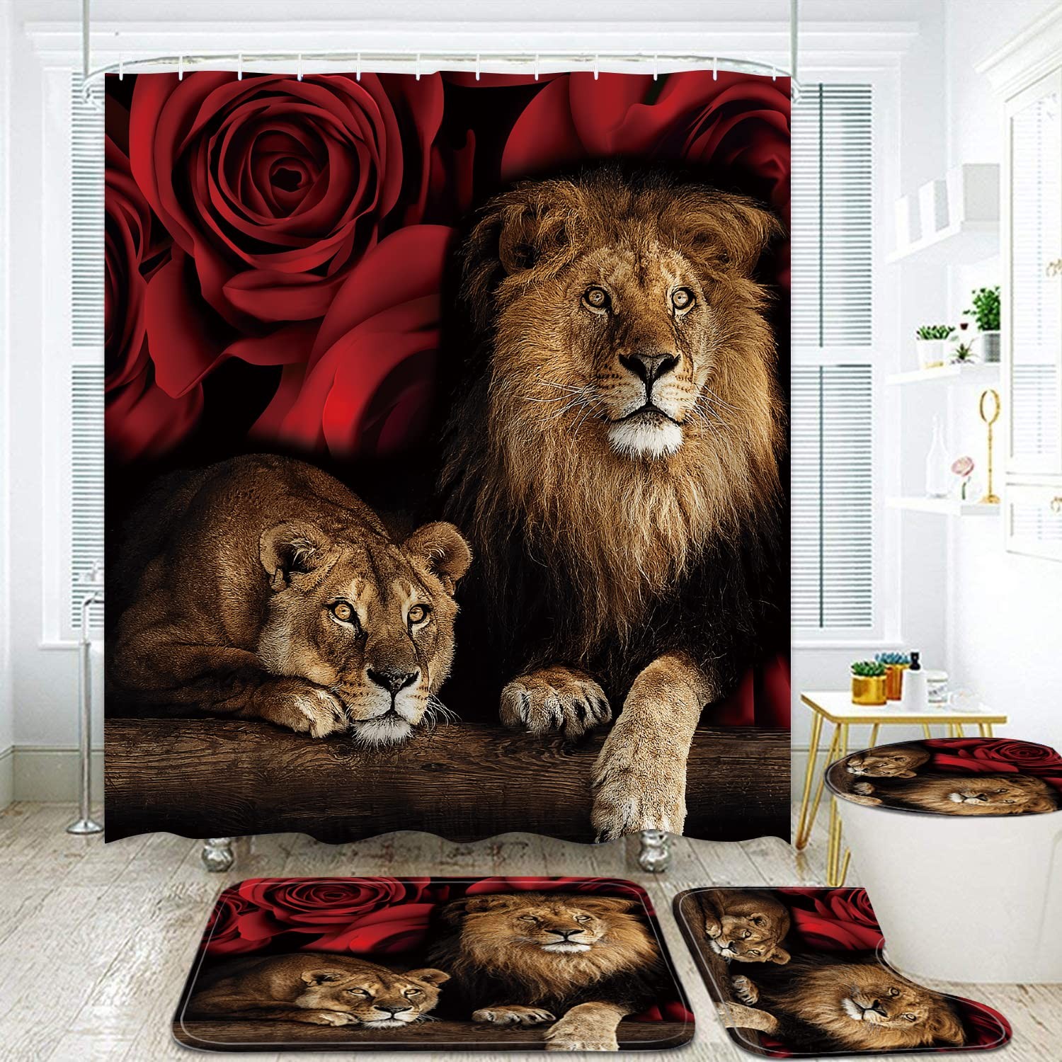 4PCS Red Rose and Lion Shower Curtain Bathroom Set with Rugs, Toilet Lid Cove...