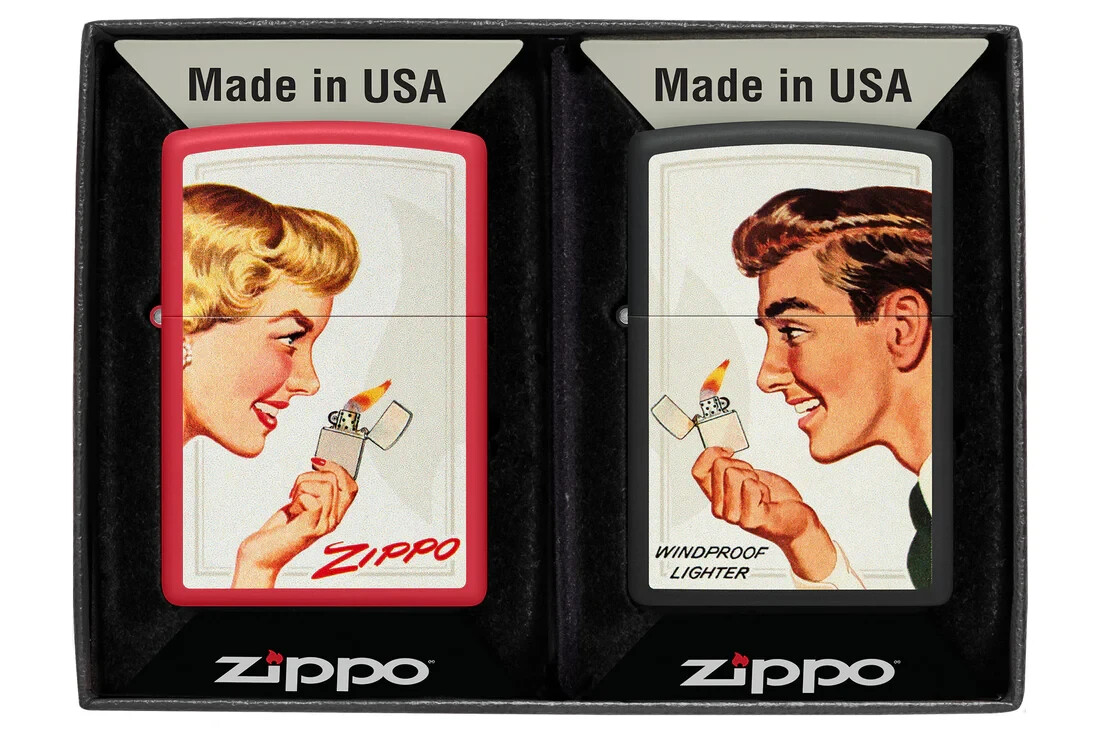 Zippo Vintage Ad Red and Black Matte Two Lighters Gift Set 46295