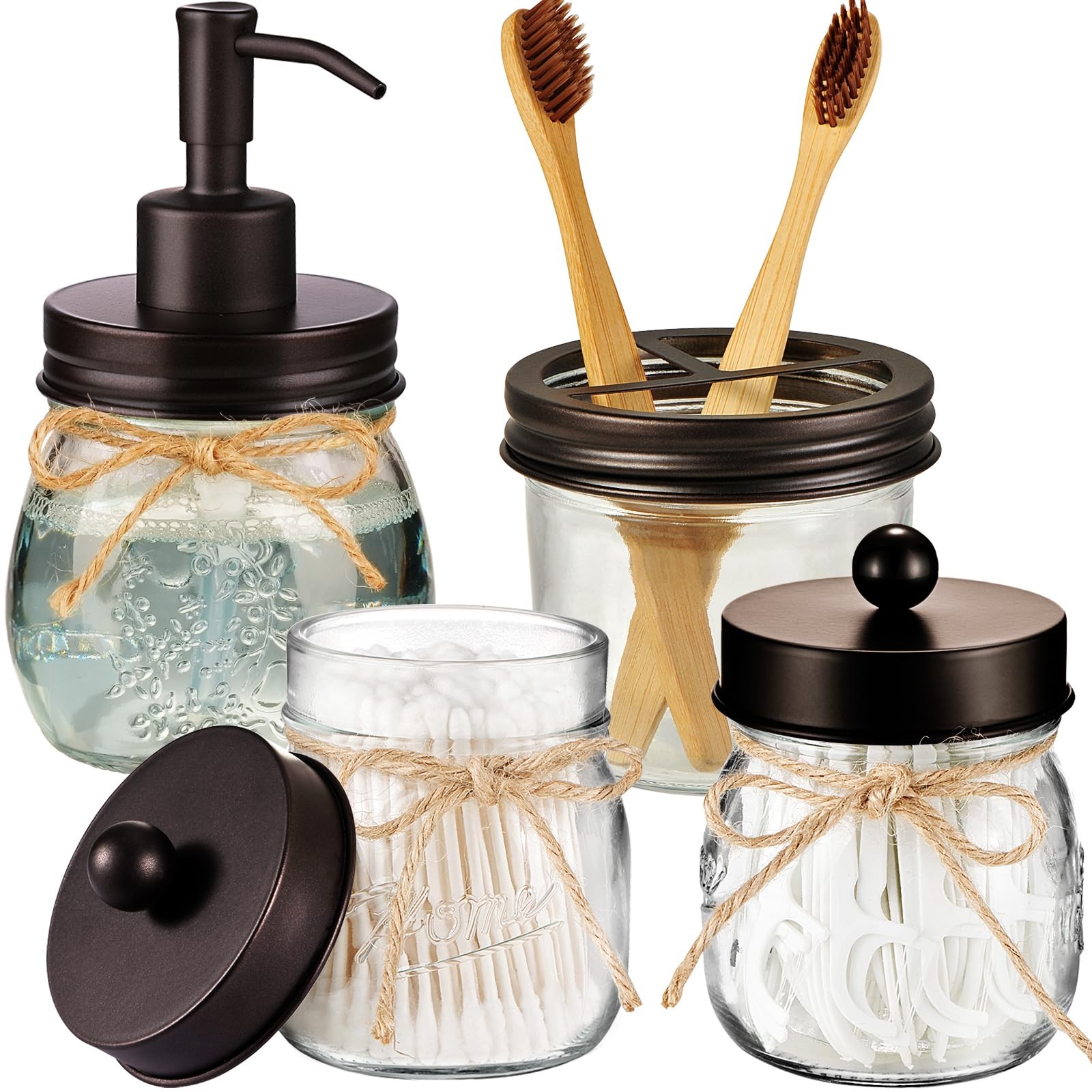 Mason Jar Bathroom Set 4 Pcs -Lotion Soap Dispenser & 2 Qtip Holders & Toothb...