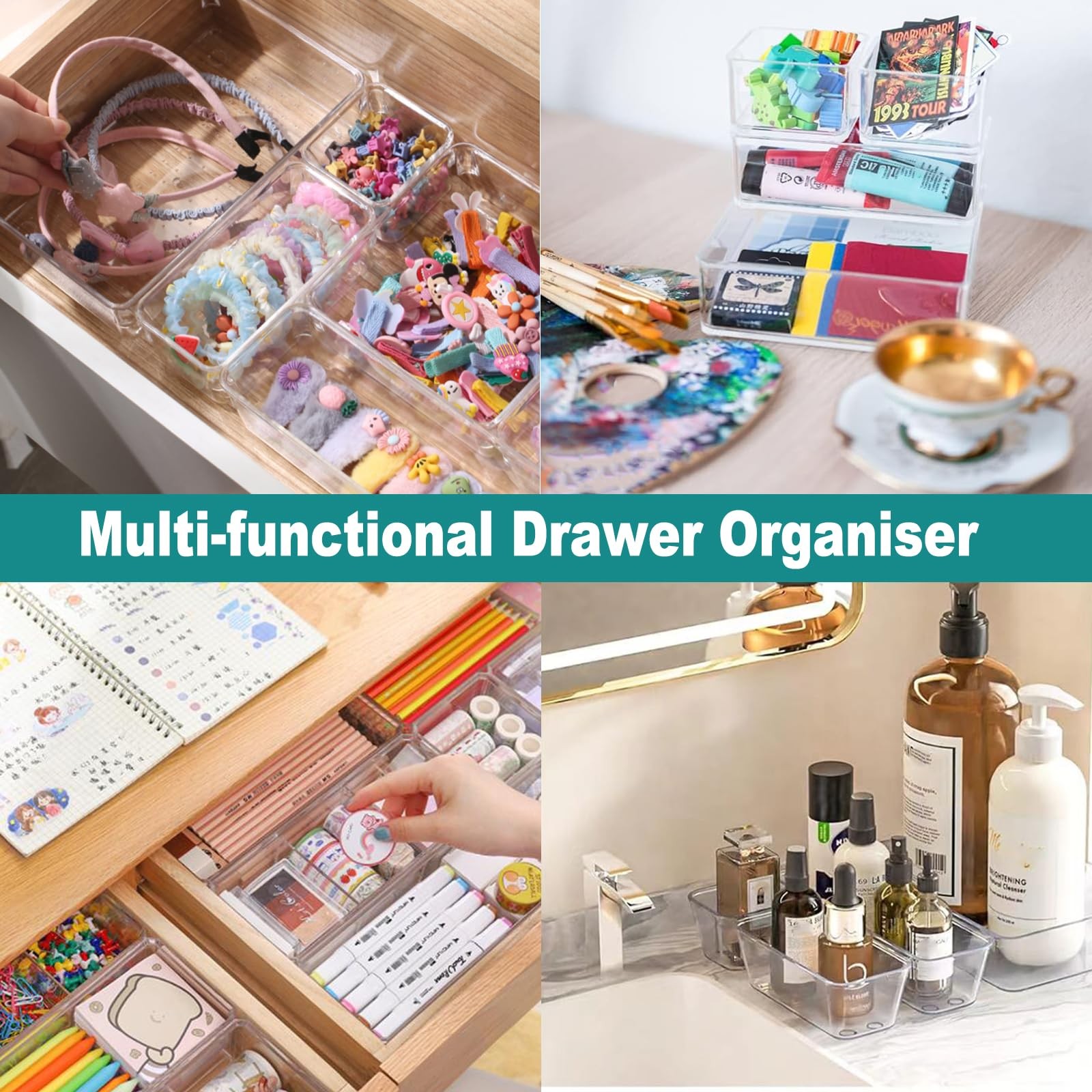 27 Pack Clear Plastic Drawer Organizer Set - 4 Sizes Makeup Vanity Organizer ...