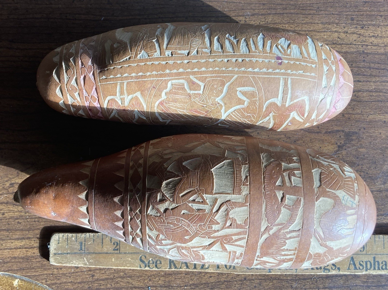 (2) Vintage Peruvian Hand-Carved Gourd Maracas/Rain Sticks