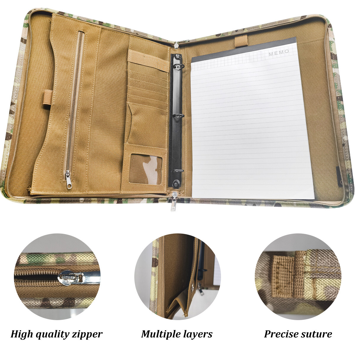 Tactical A4 3-Ring Binder Padfolio Notepad Weatherproof Notebook Cover w/ Zipper