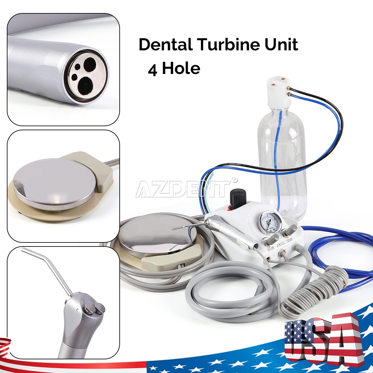 Portable Dental Turbine Unit 3 Way Syringe Work with Air Compressor 4 Hole USA