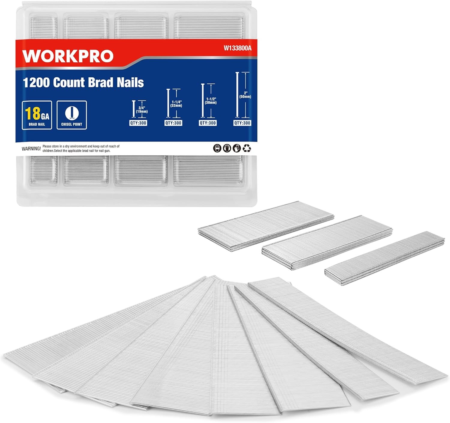 WORKPRO 1200PC 18 Gauge Brad Nails 2" 1-1/2" 1-1/4＂3/4" Universal Brad Gun Nails