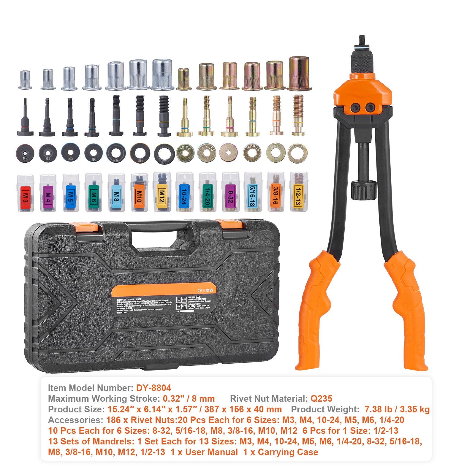16in Rivet Nut Tool 13 Mandrels 186 Rivet Nuts Quick De-Rivet